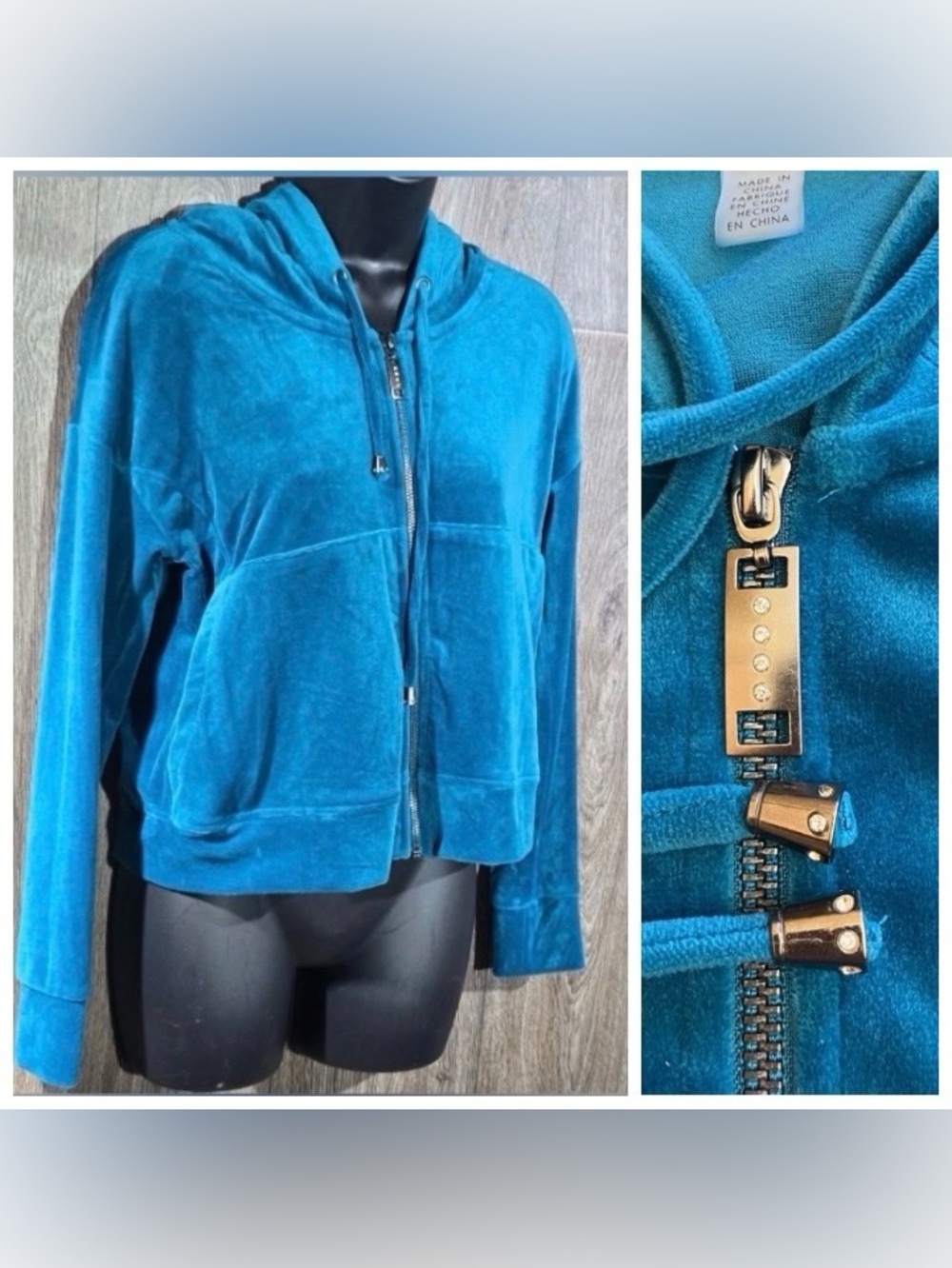 Cable & Gauge Studio Velour Full-Zip Hoodie Teal Jacket